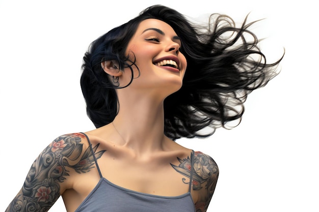 Ritratto di una giovane e bella donna con il tatuaggio sul braccio