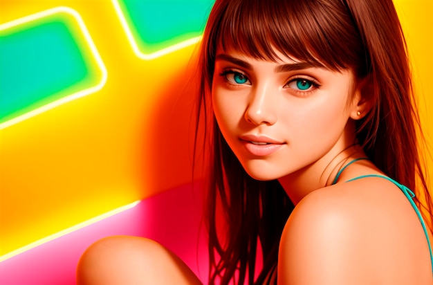 Ritratto di una giovane e bella donna in bikini su sfondo colorato IA generativa