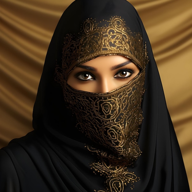 Ritratto di una giovane e bella donna musulmana in niqab su sfondo dorato