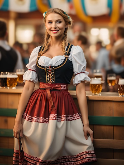 Ritratto di una giovane e bella donna tedesca in abito per l'Oktoberfest