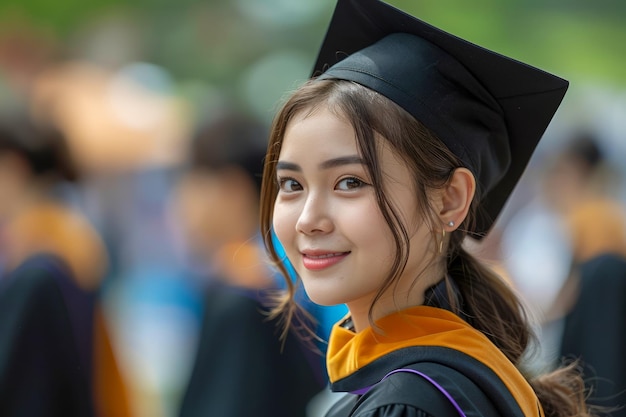 Ritratto di una giovane laureata sorridente in cappello e abito alla cerimonia di laurea con un collega