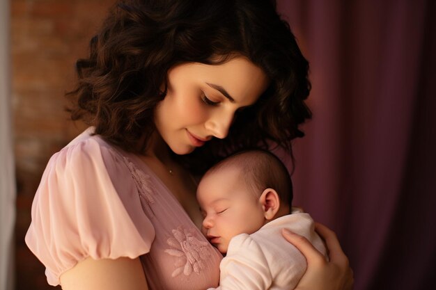 Ritratto di una giovane madre con una bambina in mano a casa