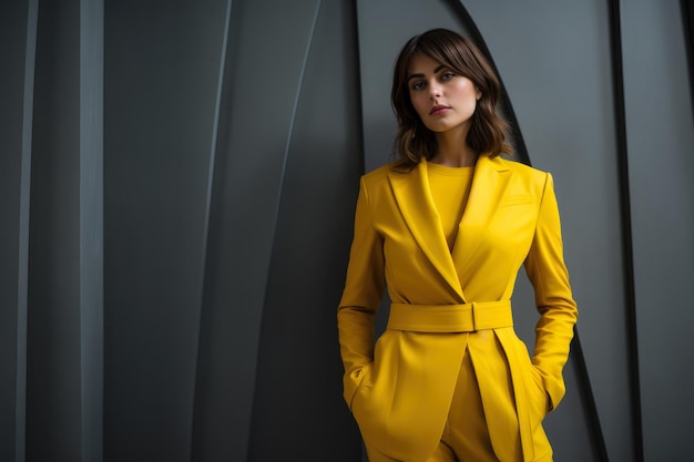 Ritratto di una giovane modella che indossa una giacca gialla isolata dallo sfondo AI generativa