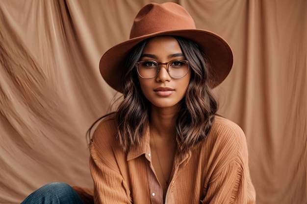 Ritratto di una giovane modella elegante in abiti estivi casuali con cappello marrone e trucco naturale