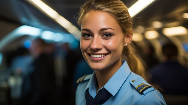 Ritratto di una giovane pilota sorridente in uniforme