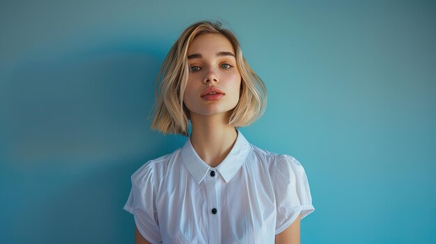 Ritratto di una giovane ragazza bellissima con una camicia bianca su uno sfondo blu