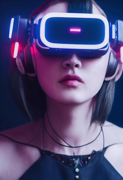 Ritratto di una giovane ragazza che indossa occhiali virtuali Una ragazza che gioca a giochi VR Rendering 3D