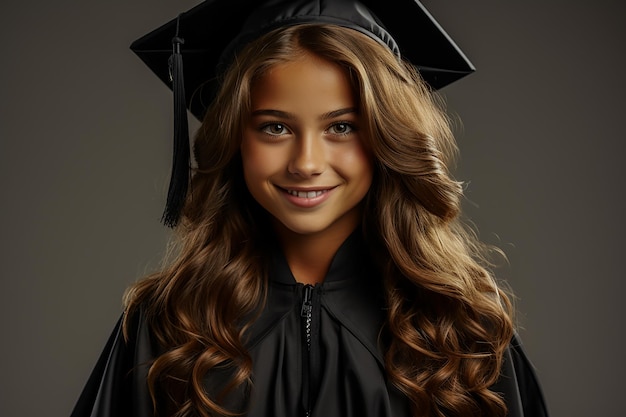Ritratto di una giovane ragazza che indossa un abito di laurea isolato sullo sfondo