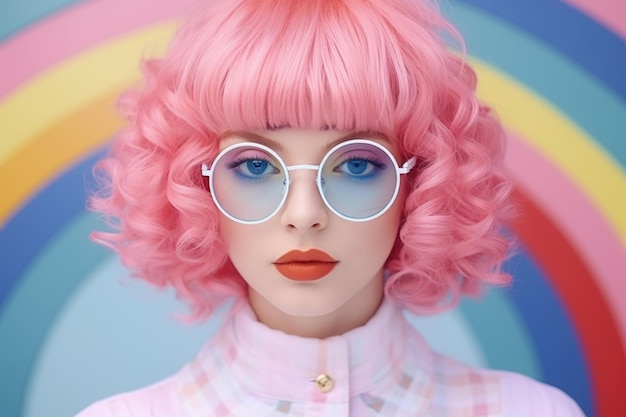 Ritratto di una giovane ragazza dai capelli ricci carina che indossa occhiali rotondi con capelli rosa