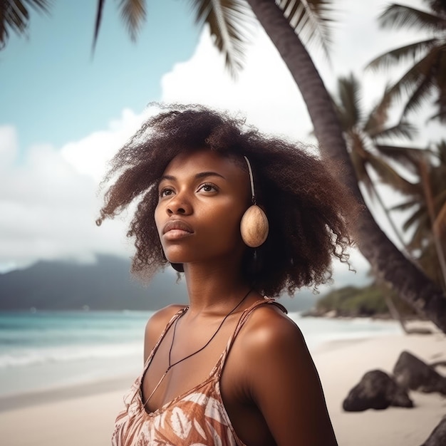 Ritratto di una giovane ragazza delle Seychelles estremamente bella con sfondo tropicale