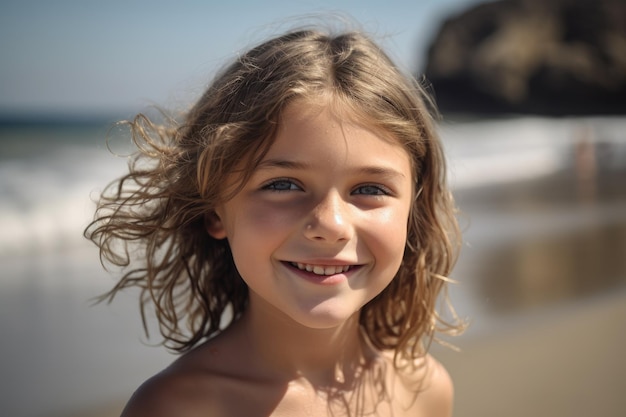 Ritratto di una giovane ragazza felice in spiaggia creato con l'IA generativa