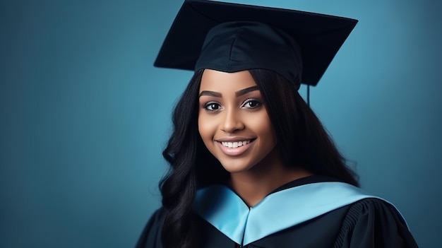 Ritratto di una giovane studentessa afroamericana sorridente con cappello e abito che posa sullo sfondo blu La laurea con successo all'università Concetto di istruzione