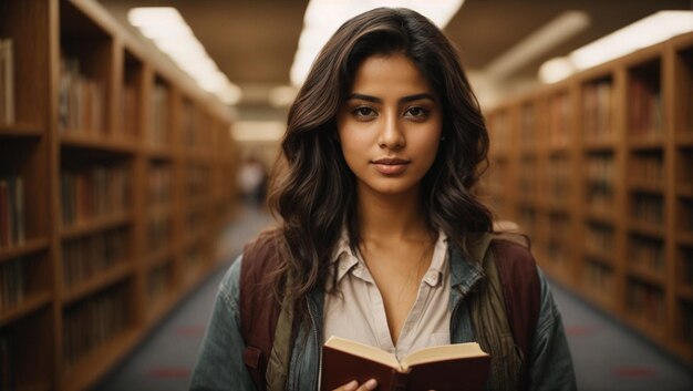 Ritratto di una giovane studentessa araba che tiene libri in una biblioteca