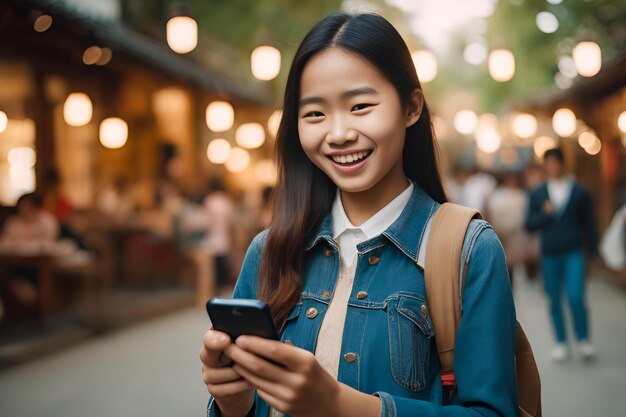 Ritratto di una giovane studentessa felice e sorpresa con uno smartphone in mano Espressione di reazione emotiva umana
