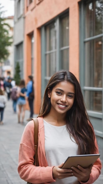 Ritratto di una giovane studentessa in piedi vicino a un edificio in strada con un tablet in mano e un sorriso