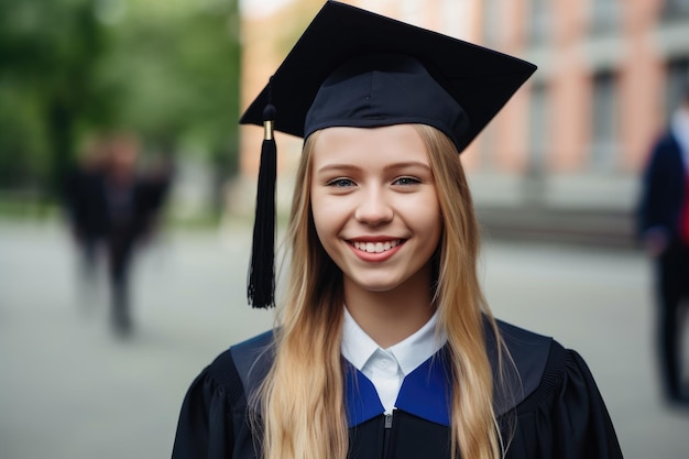 Ritratto di una giovane studentessa sorridente il giorno della laurea creato con l'IA generativa