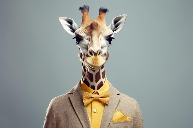 Ritratto di una giraffa che indossa un abito e un papillon AI generativa