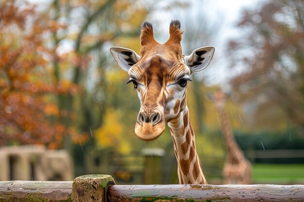 Ritratto di una giraffa in un habitat naturale con fogliame autunnale sullo sfondo