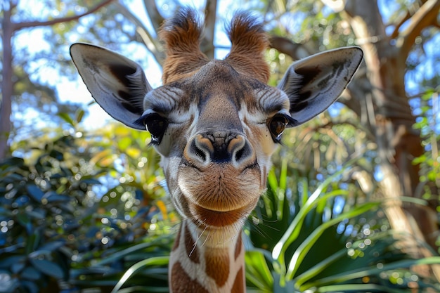 Ritratto di una giraffa sorridente con lussureggiante vegetazione sullo sfondo Fotografia della fauna selvatica