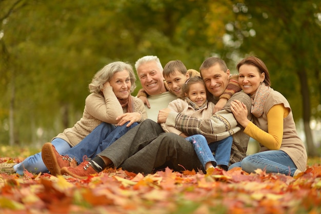 Ritratto di una grande famiglia nel parco autunnale