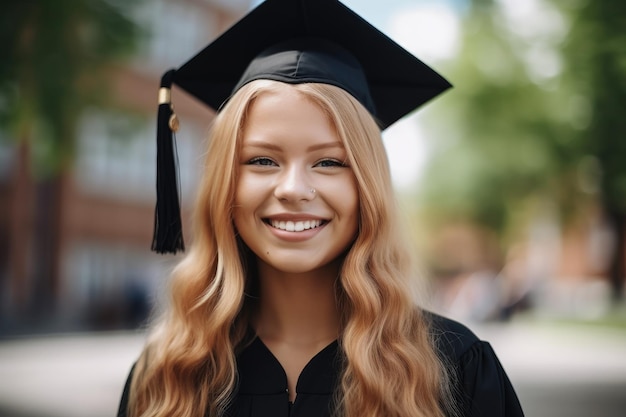 Ritratto di una laureata femminile sorridente all'esterno del campus creata con l'intelligenza artificiale generativa