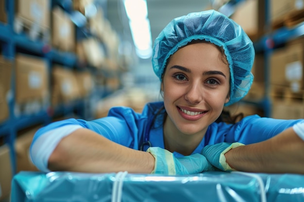 Ritratto di una lavoratrice sorridente in abiti sterili appoggiata a un pacchetto