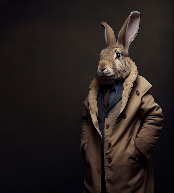 Ritratto di una lepre umanizzata o di un coniglio in un cappotto con spazio per la copia buona pasqua IA generativa