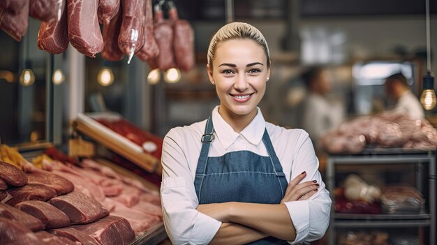 Ritratto di una macellaia felice in piedi con le braccia incrociate in un moderno negozio di carne Generative Ai