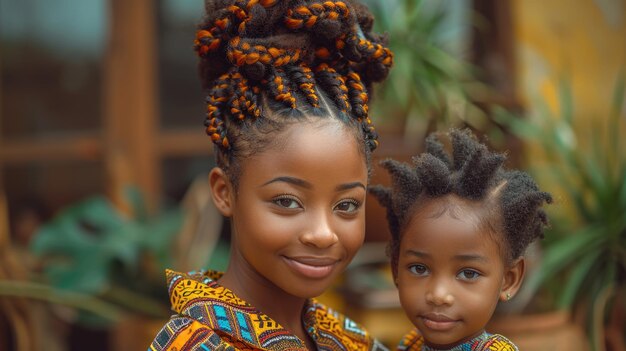 Ritratto di una madre e di una figlia africane con i capelli intrecciati