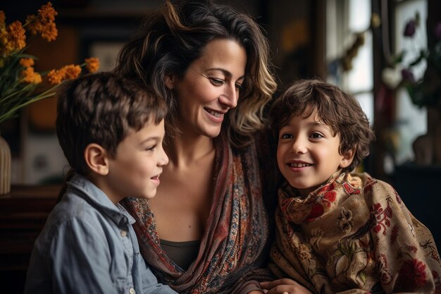 Ritratto di una madre felice e matura con un figlio generativo di IA