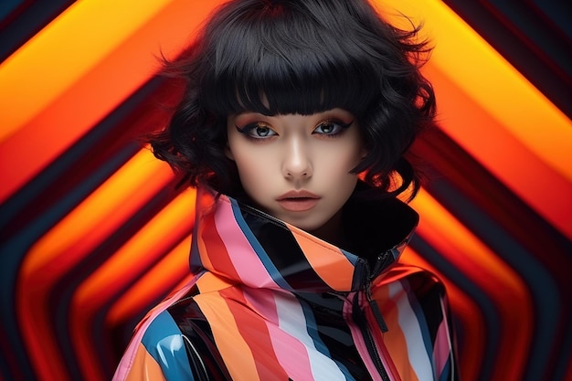 Ritratto di una modella asiatica in stile futurista a colori saturi