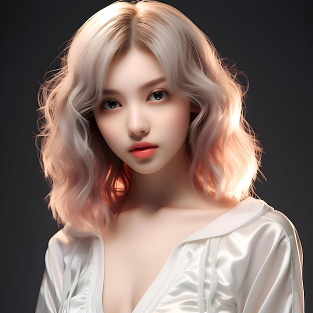 Ritratto di una modella molto giovane, capelli lisci color platino e caschetto smussato con frangia AI Gener