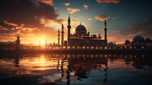 Ritratto di una moschea durante il tramonto una bellissima ripresa AI generativa