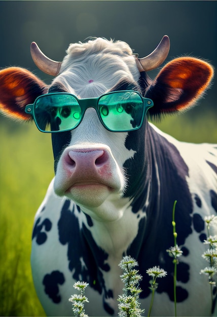 Ritratto di una mucca buffa con occhiali da sole generato dall'AI