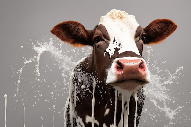 Ritratto di una mucca che gocciola latte generativo AI