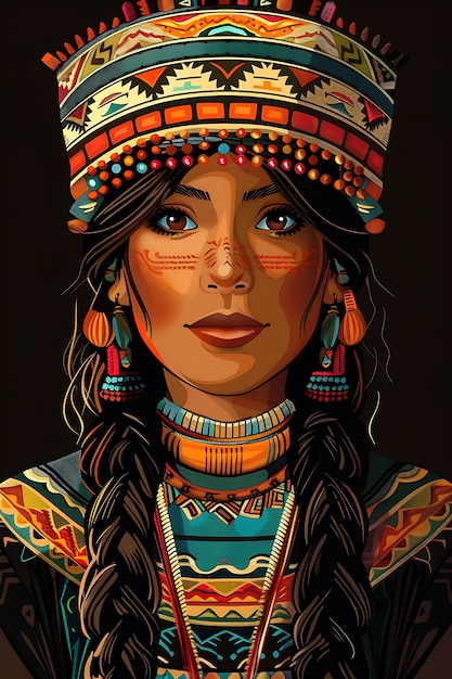 Ritratto di una nobile inca che indossa un mantello e spilli Tupu con T-shirt Design Art Tattoo Ink Frames
