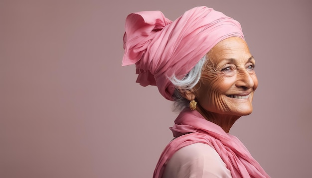 Ritratto di una nonna anziana in rosa su sfondo uniforme