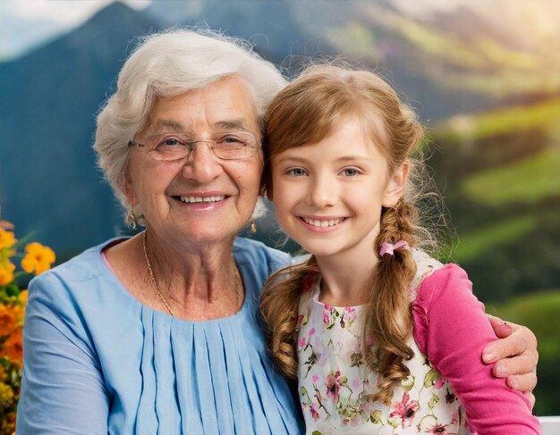 Ritratto di una nonna caucasica sorridente con la figlia davanti alle finestre sullo sfondo della montagna