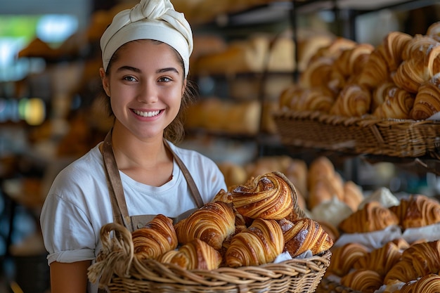 Ritratto di una panettiera sorridente che tiene in mano un cesto di croissant al forno in una panetteria