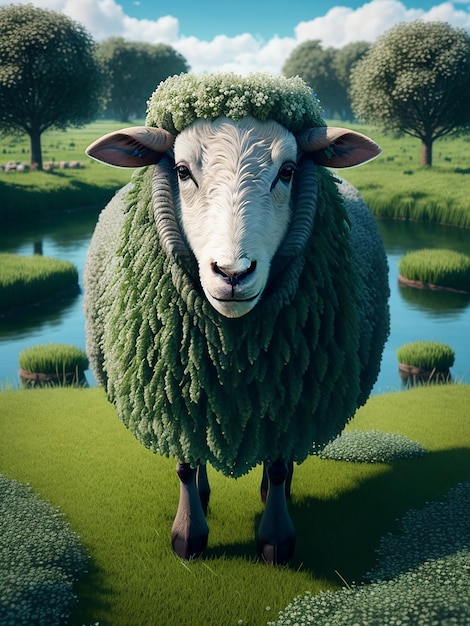 Ritratto di una pecora su uno sfondo di campo verde con fiume e alberi