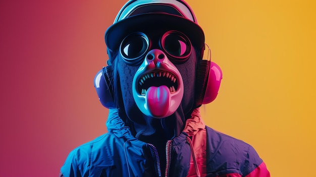 Ritratto di una persona che indossa una maschera da sci colorata con una lunga lingua che sporge fuori