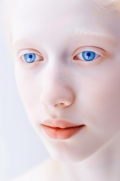Ritratto di una persona con albinismo con abiti bianchi di pelle molto bianca e occhi molto azzurri isolati su sfondo bianco