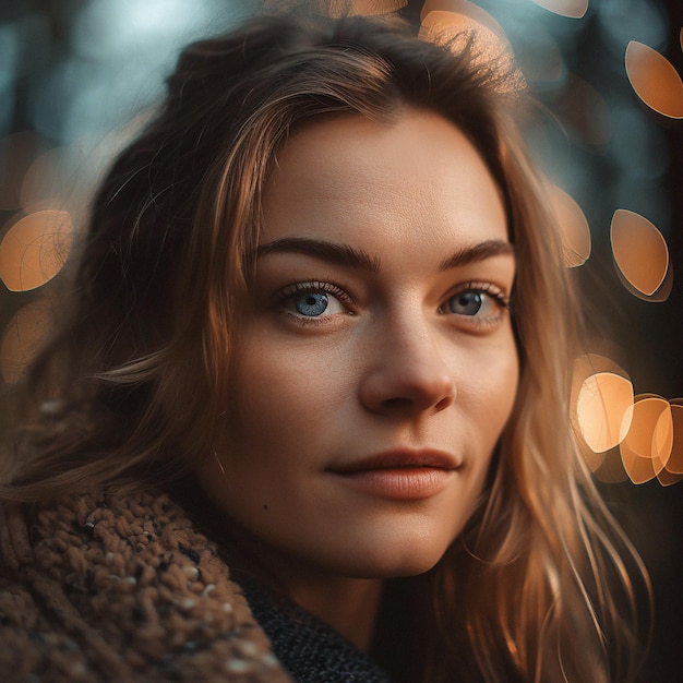 Ritratto di una persona reale naturale e primo piano di una donna ragazza o donna all'aperto nella natura o in una foresta Viso artistico spigoloso e carino o carino generato dall'IA