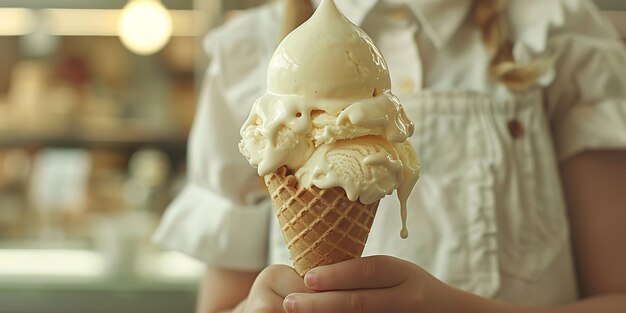 Ritratto di una piccola mano carina che tiene un gelato su uno sfondo sfocato pulito con spazio per testo o prodotto AI generativa