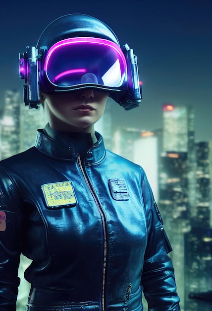 Ritratto di una pilota futuristica immaginaria in un casco da aviazione e tuta da pilota.