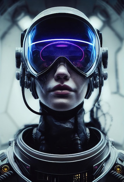 Ritratto di una pilota futuristica immaginaria in un casco da aviazione e tuta da pilota