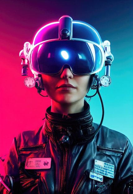 Ritratto di una pilota futuristica immaginaria in un casco da aviazione e tuta da pilota