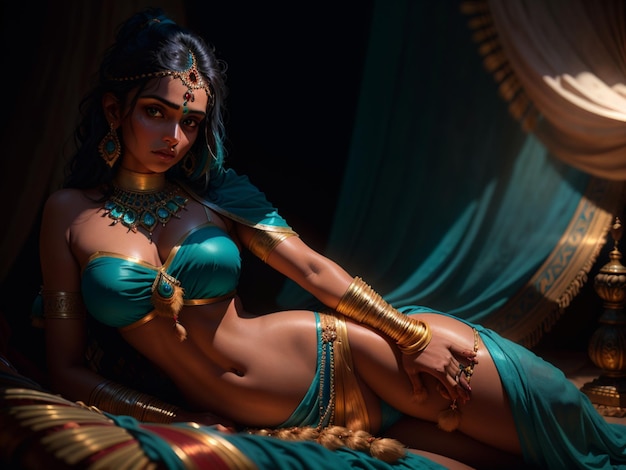 Ritratto di una premiata principessa egiziana in uno studio buio seduta su un trono