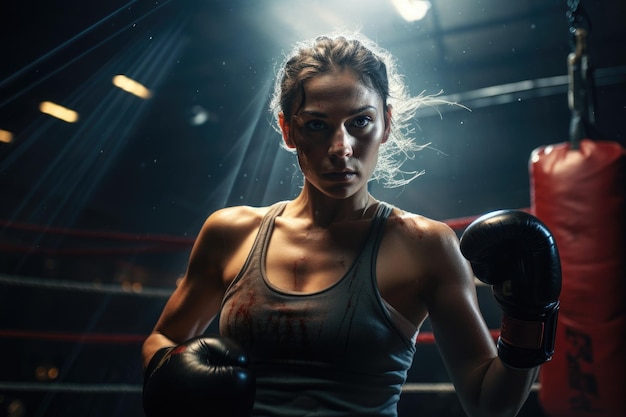 Ritratto di una pugile che indossa guanti da boxe durante l'allenamento in palestra Allenamento di una pugile all'interno di un ring di boxe AI Generato