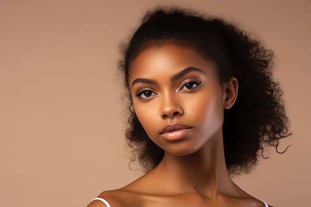 ritratto di una ragazza afroamericana con la pelle pulita e sana su uno sfondo beige
